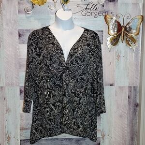 JBS Sz 5X Black Silver Paisley Sparkly Knotted Bust Dressy Blouse Plus Size